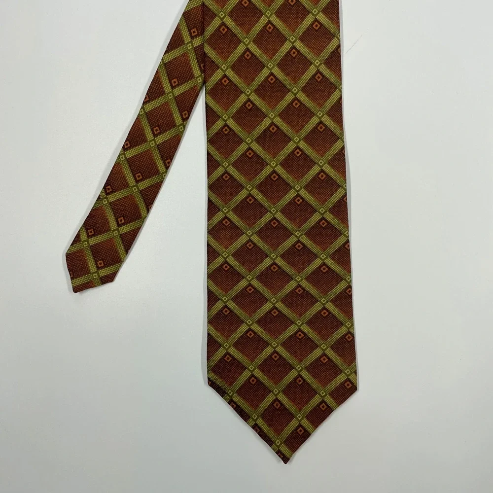 Calvin Klein Brown Green Diamond Silk Necktie Mens OS